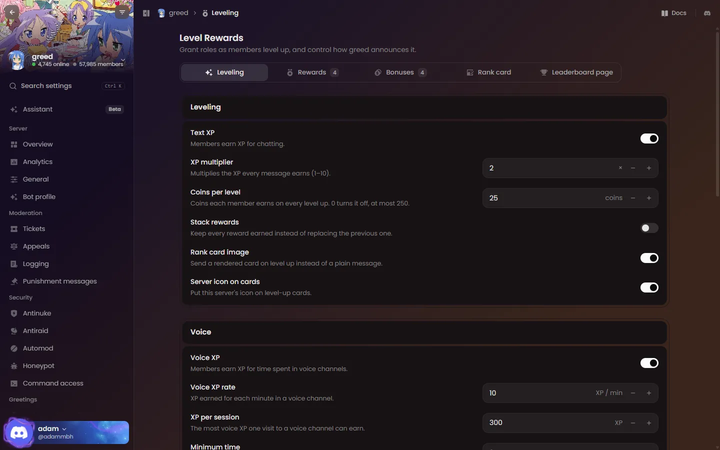 The Levels page