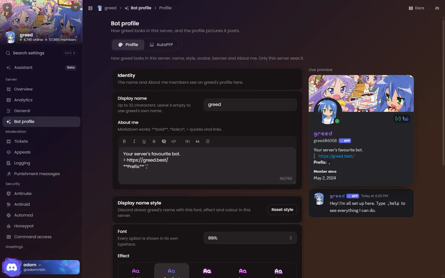 The Bot profile page