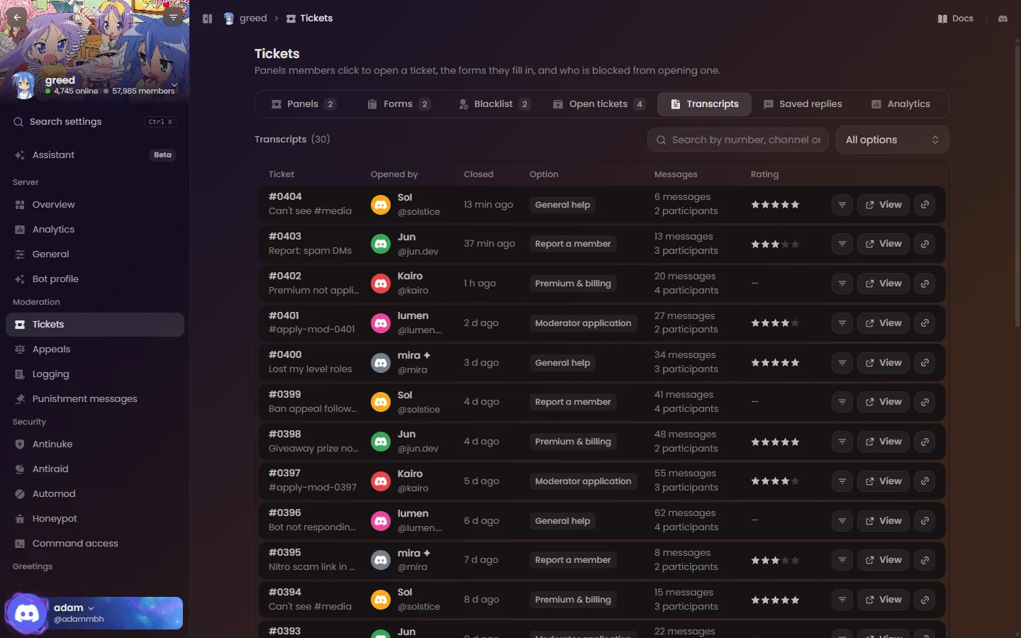 Ticket transcripts